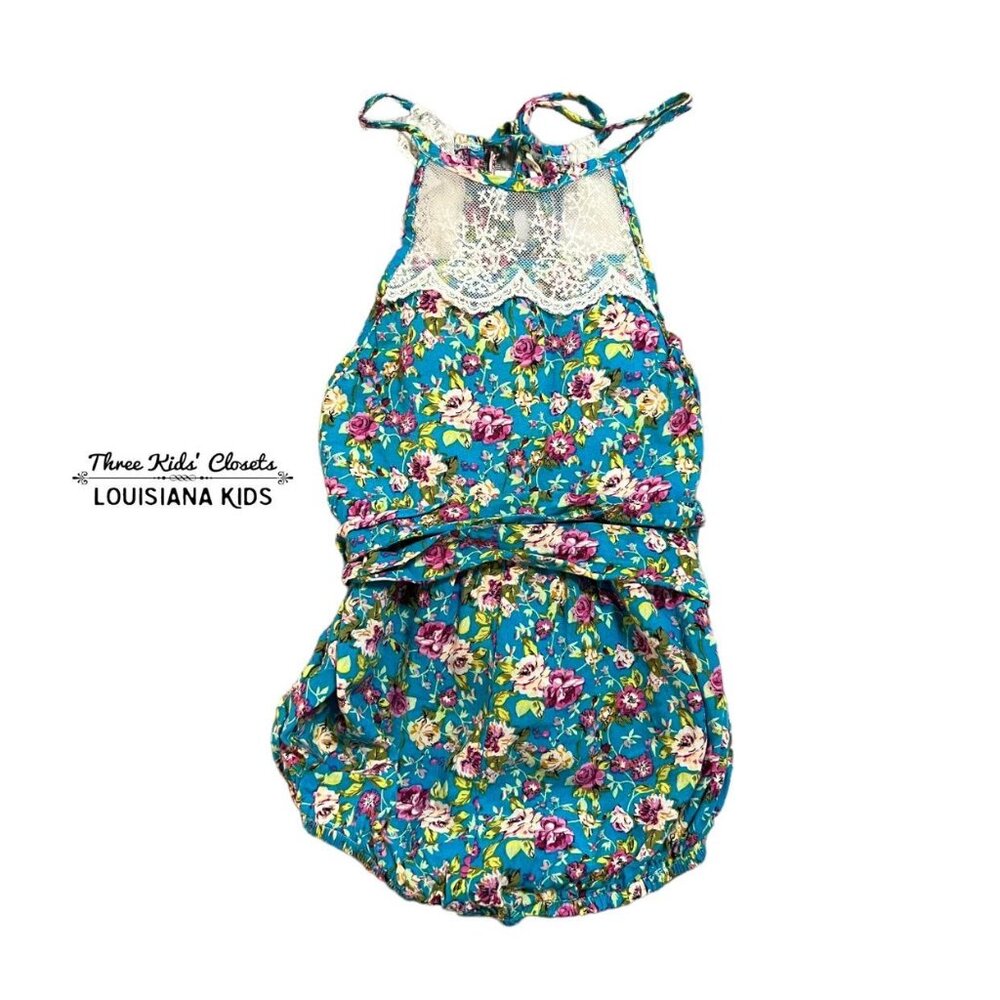 Ju Ju Sz 2 Bold Floral & Lace Halter Bubble Romper